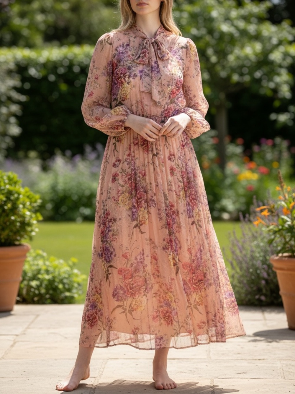 H&M Pink Purple Floral Print Long Sleeve Viscose Midi Maxi Bohemian Dress